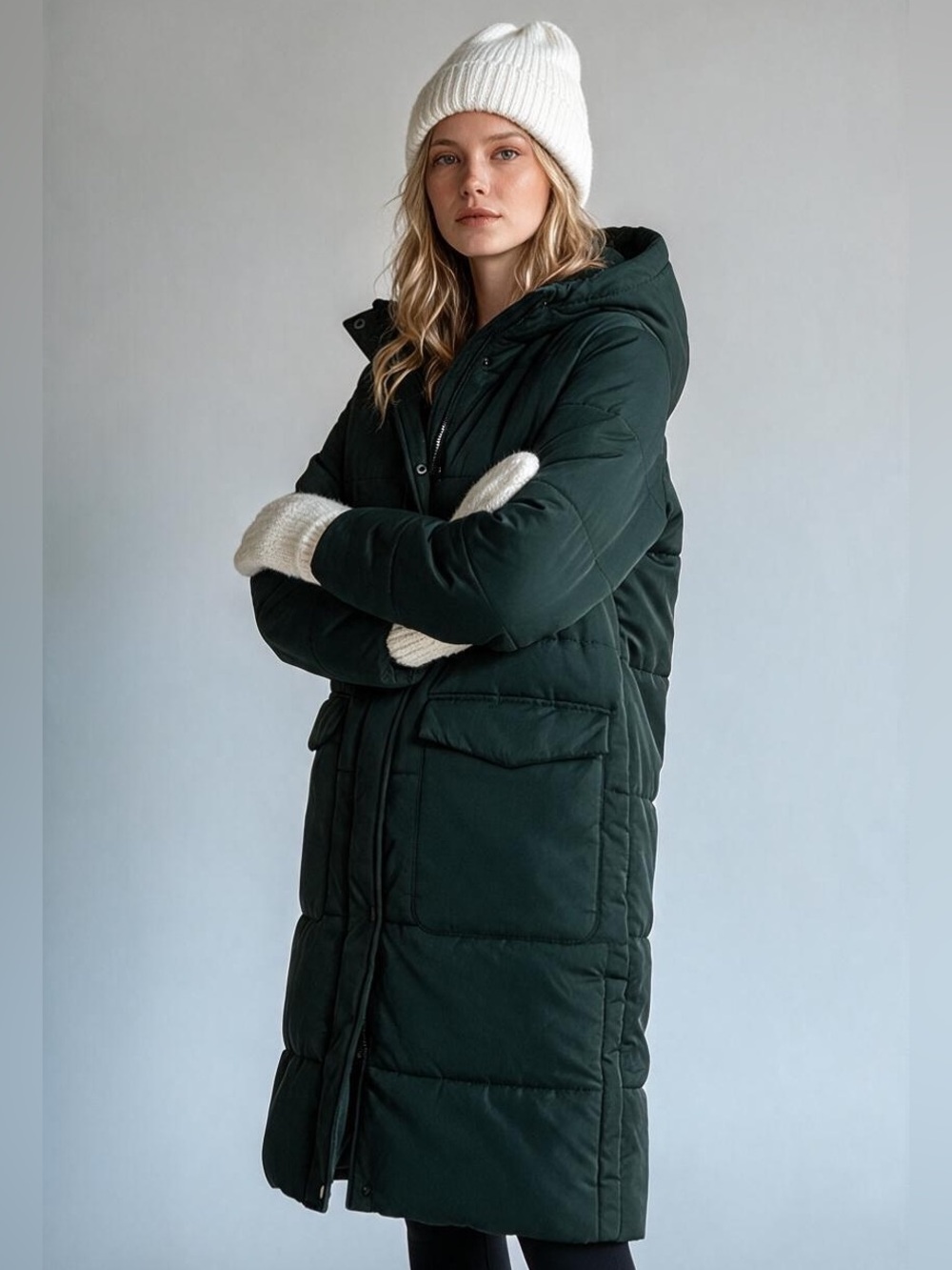 a new day Dark Green Long Hooded Puffer Coat. Excellent Condition!! Xs.